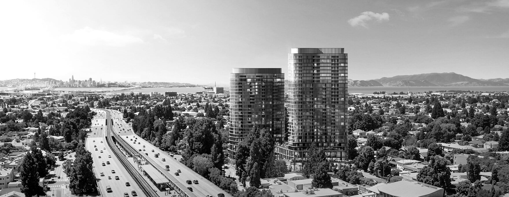 The developer's rendering of the two proposed towers rising far above the low-rise Rockridge neighborhood, the BART and freeway corridor, and San Francisco Bay.